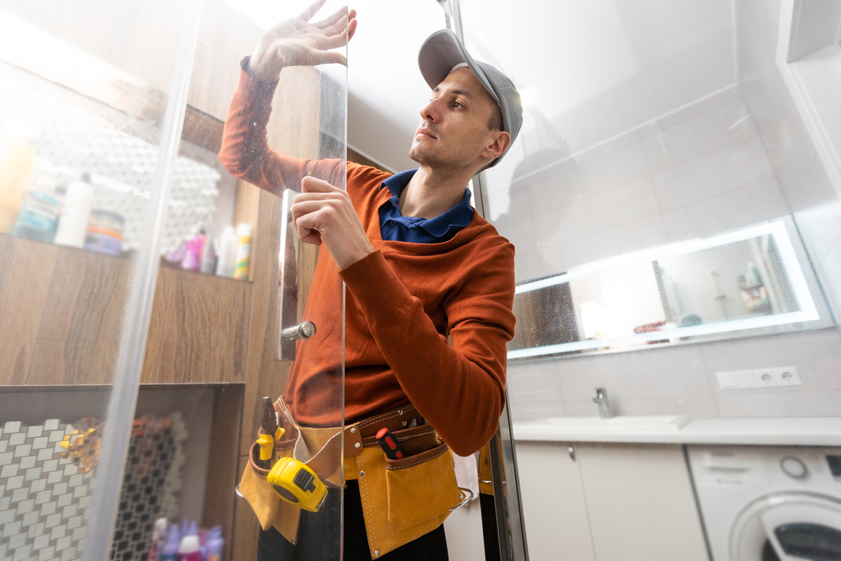 Plumber installing a shower cabin in bathroom